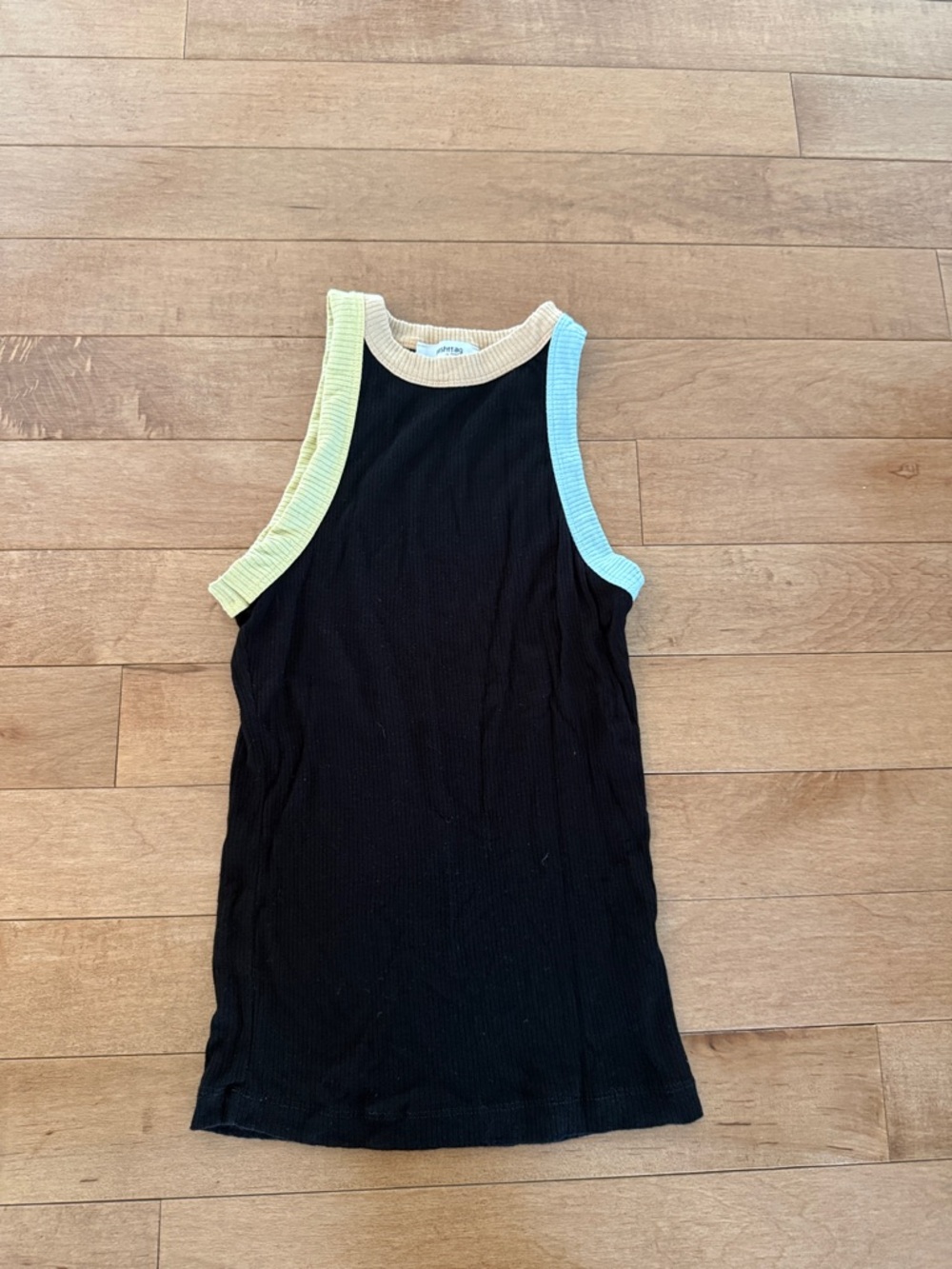 Ribbed Black Tank Top with Pastel Yellow & Pastel Blue Trim